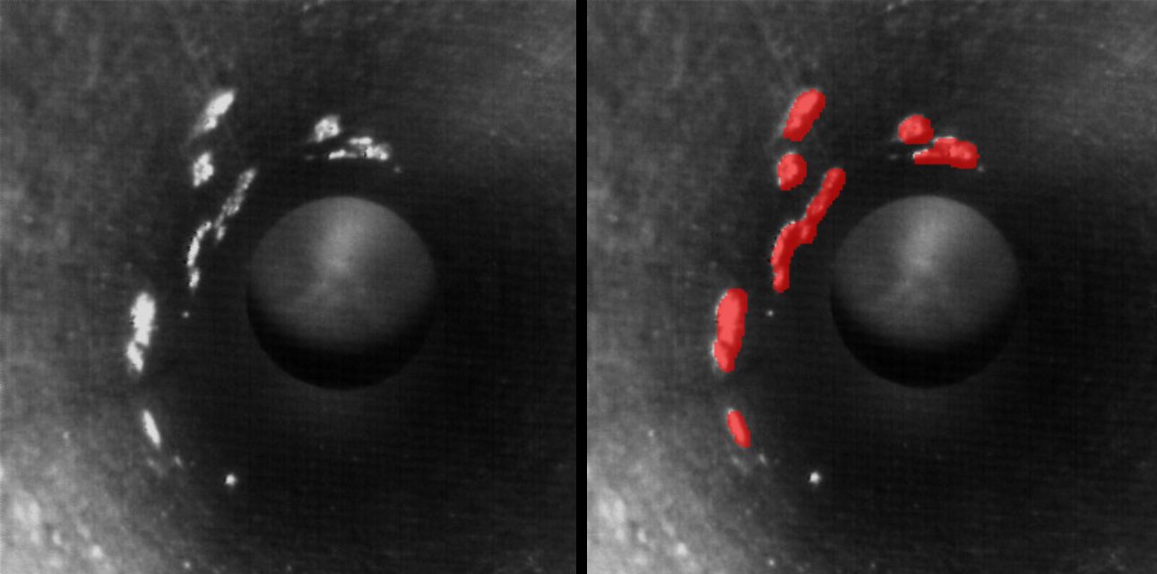Superficie con porosità, a destra le porosità segmentate in rosso